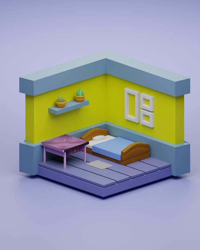 A minimalist 3D-rendered dollhouse bedroom with pastel colors and a purple background.